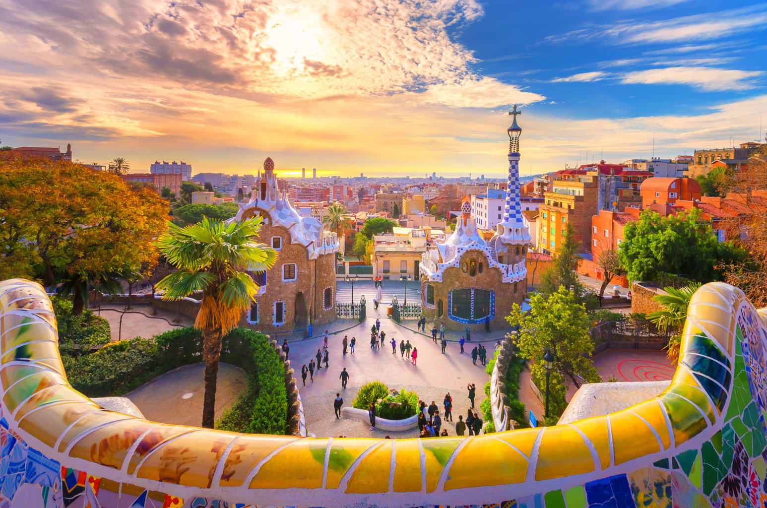 Parc Guell in Barcelona at sunset.